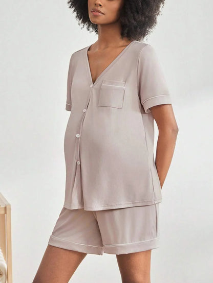 2-Pack Maternity Nursing Pajama Set Women Short Sleeve Button Front Lounge Sleepwear Set