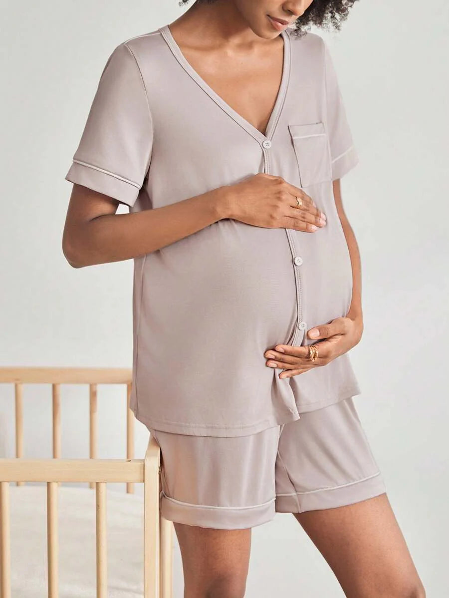 2-Pack Maternity Nursing Pajama Set Women Short Sleeve Button Front Lounge Sleepwear Set