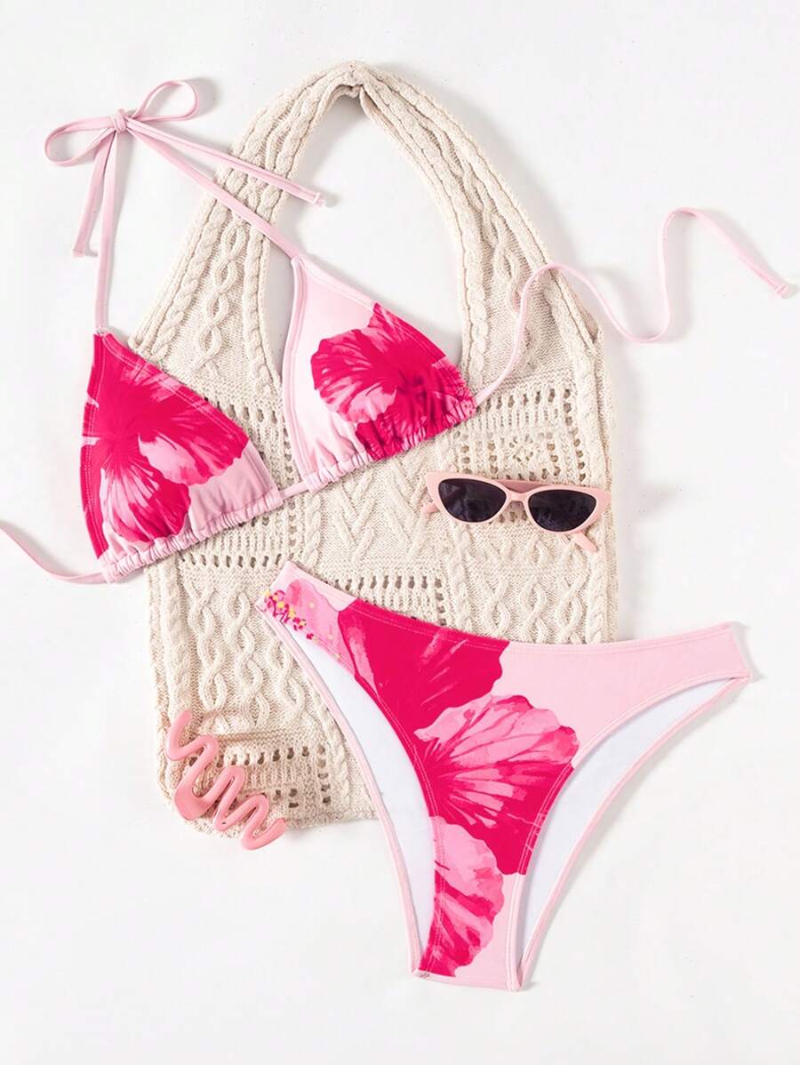 Swim Mod Women's Pink Polka Dot Print Halter Neck Low Waist Triangle Bikini Set, Summer Sexy Spring