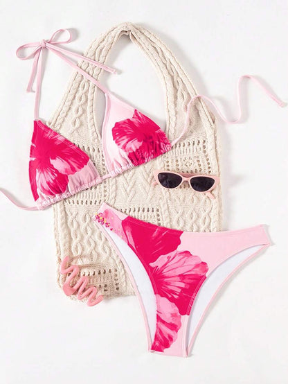 Swim Mod Women's Pink Polka Dot Print Halter Neck Low Waist Triangle Bikini Set, Summer Sexy Spring