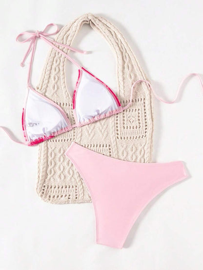 Women's Solid Halter Bikini Set - Lace Up, High Waist, Tie Detail, White