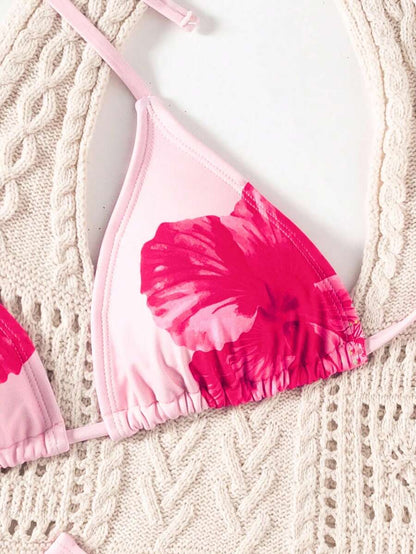 Swim Mod Women's Pink Polka Dot Print Halter Neck Low Waist Triangle Bikini Set, Summer Sexy Spring
