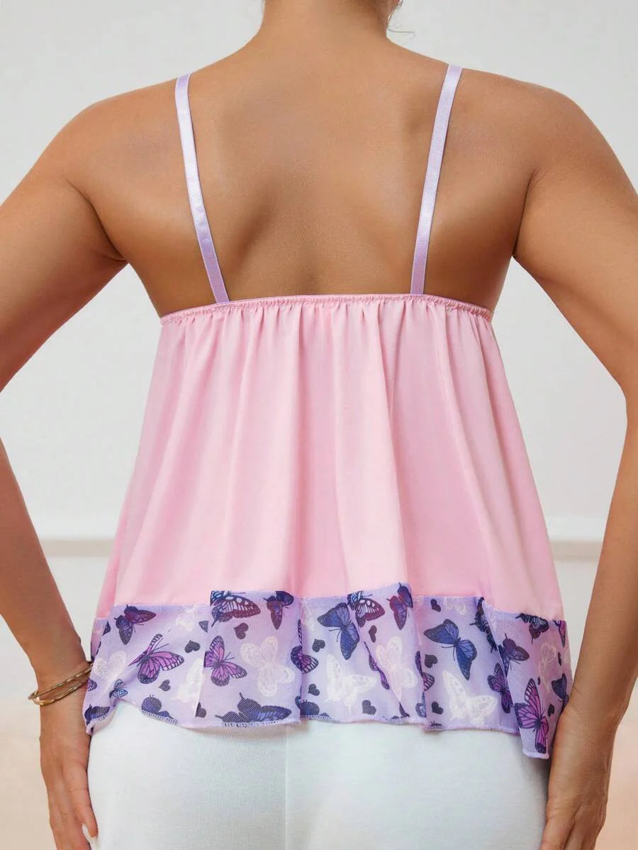 Padded Nursing Bra - Pink Satin Butterfly Lace Ruffle Maternity Camisole, Breastfeeding