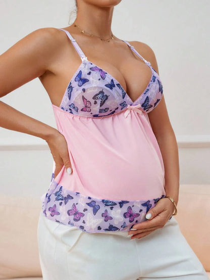 Padded Nursing Bra - Pink Satin Butterfly Lace Ruffle Maternity Camisole, Breastfeeding