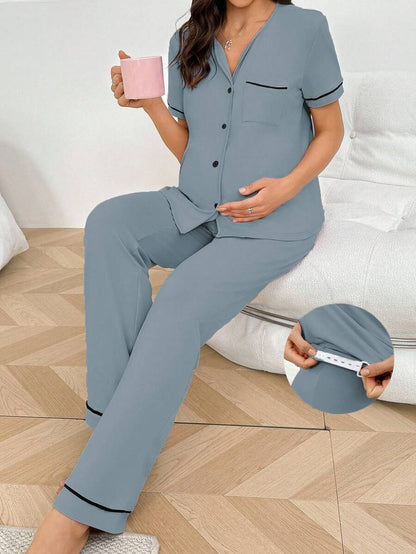 Maternity Button Front Shirt and Pants Loungewear Set Women Casual Sleepwear