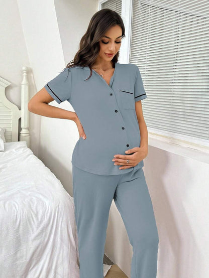 Maternity Button Front Shirt and Pants Loungewear Set Women Casual Sleepwear