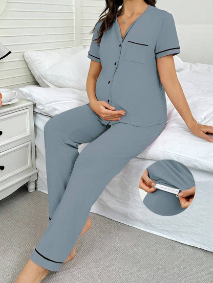 Maternity Button Front Shirt and Pants Loungewear Set Women Casual Sleepwear