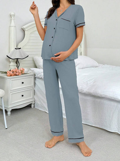 Maternity Button Front Shirt and Pants Loungewear Set Women Casual Sleepwear