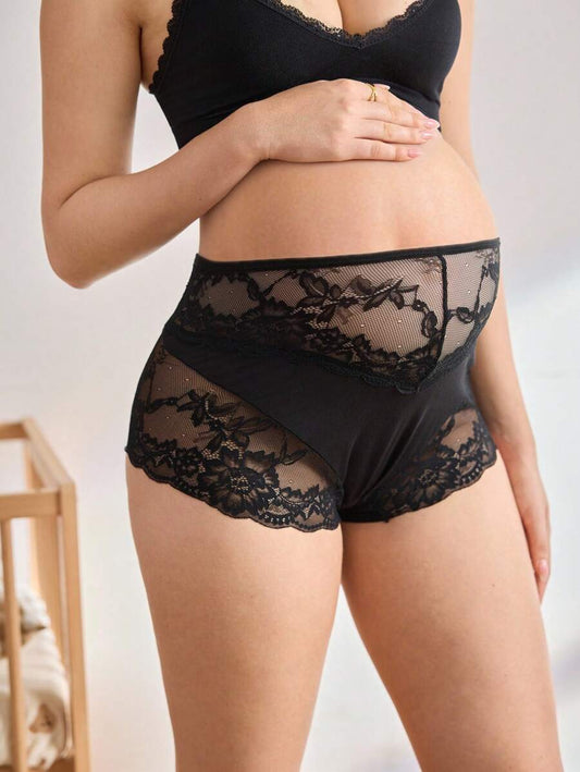 Maternity Panties - High Waist Hipster Belly Support Lace Patchwork Sexy Soft Stretch, Pregnancy
