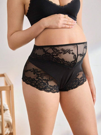 Maternity Panties - High Waist Hipster Belly Support Lace Patchwork Sexy Soft Stretch, Pregnancy