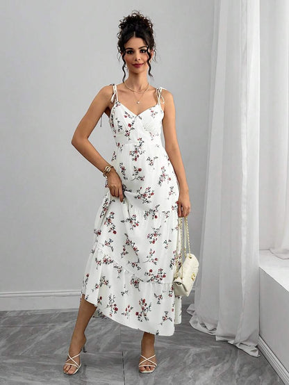 Maternity Floral Cami Long Dress - V Neck, Lace Up, Sleeveless, Slim Fit, Multicolor
