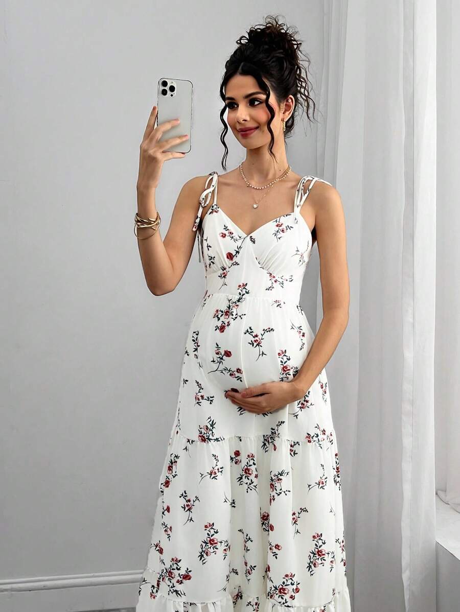 Maternity Floral Cami Long Dress - V Neck, Lace Up, Sleeveless, Slim Fit, Multicolor