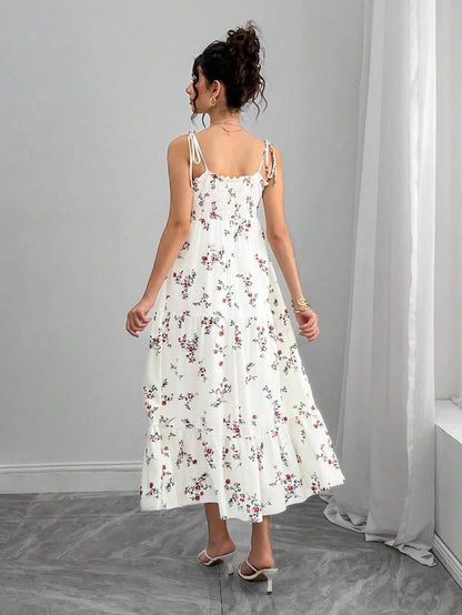 Maternity Floral Cami Long Dress - V Neck, Lace Up, Sleeveless, Slim Fit, Multicolor