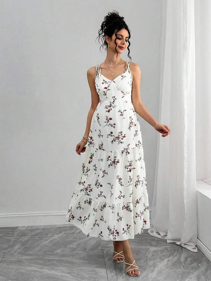 Maternity Floral Cami Long Dress - V Neck, Lace Up, Sleeveless, Slim Fit, Multicolor