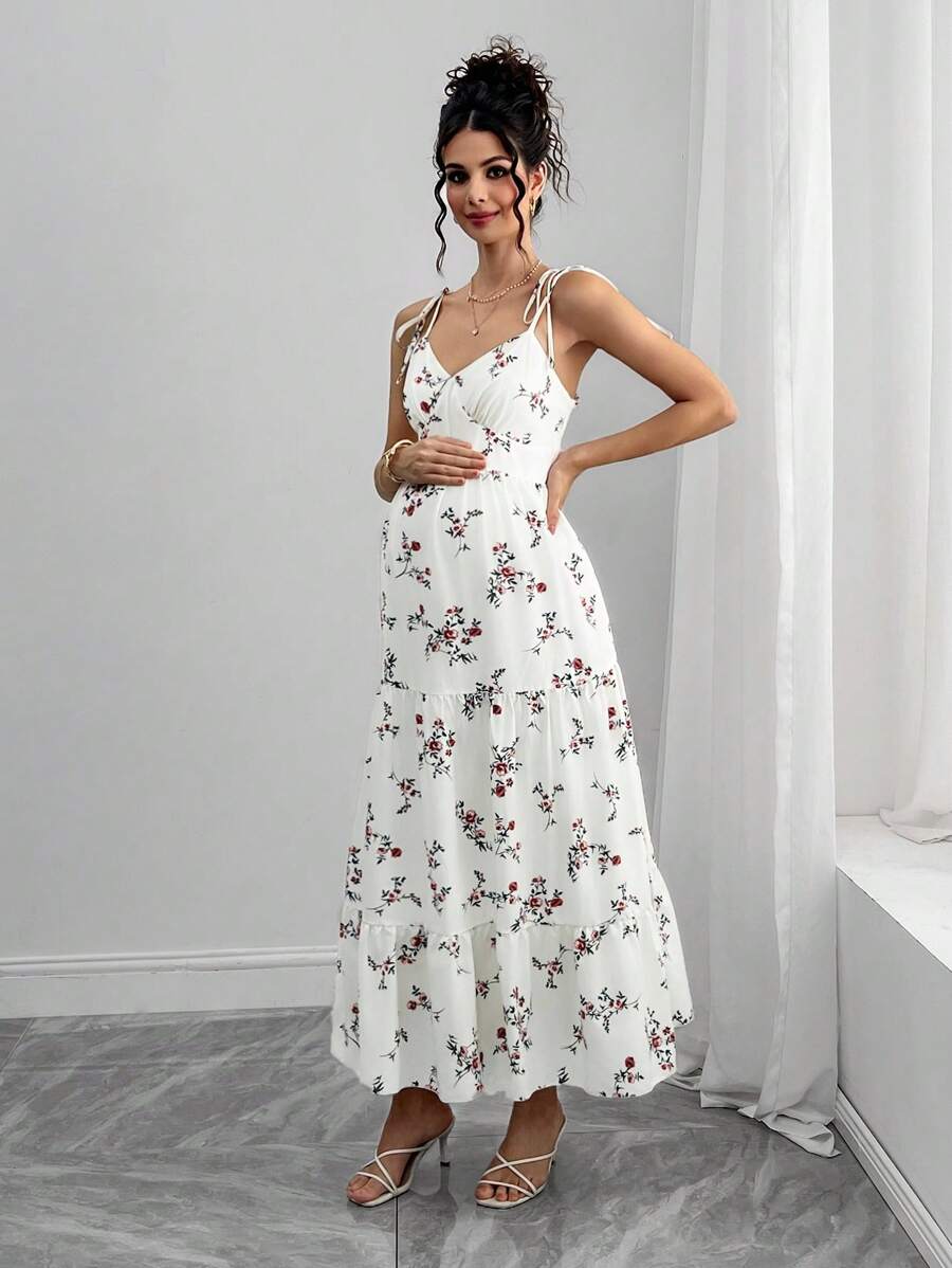 Maternity Floral Cami Long Dress - V Neck, Lace Up, Sleeveless, Slim Fit, Multicolor