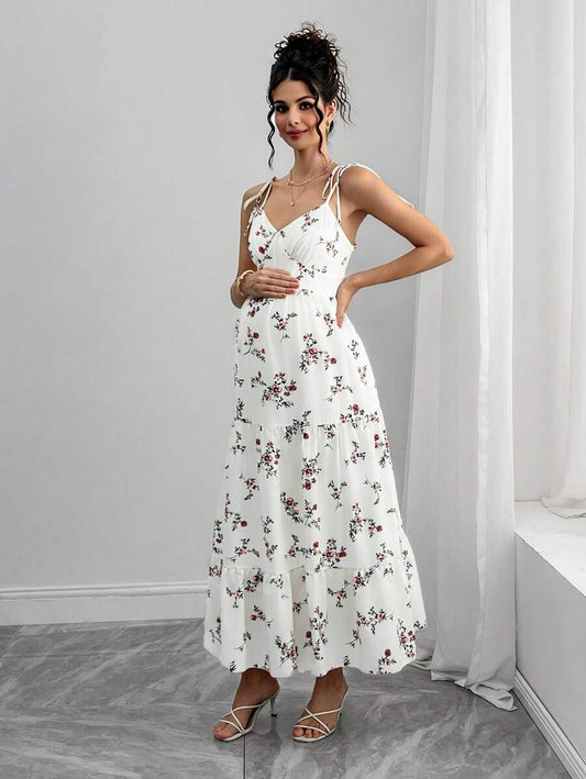 Maternity Floral Cami Long Dress - V Neck, Lace Up, Sleeveless, Slim Fit, Multicolor