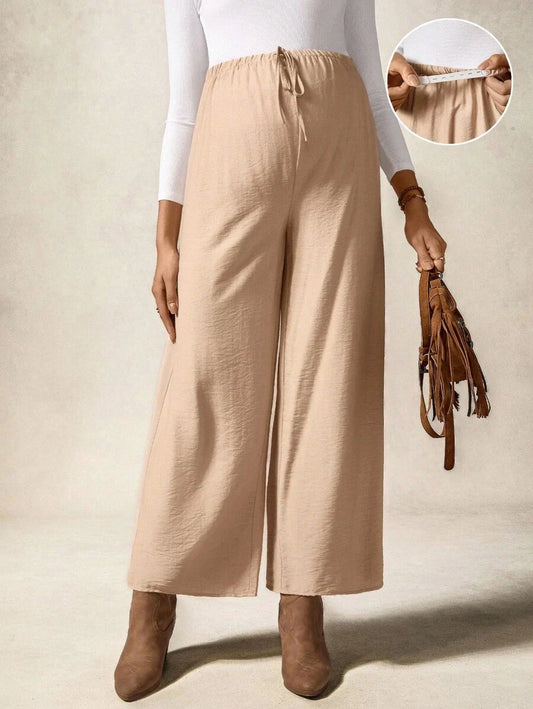 Maternity Wide Leg Casual Pants in Apricot - Loose Fit Straight Leg Elastic Waist Trousers with Knot Detail for Beach & Daily Wear
