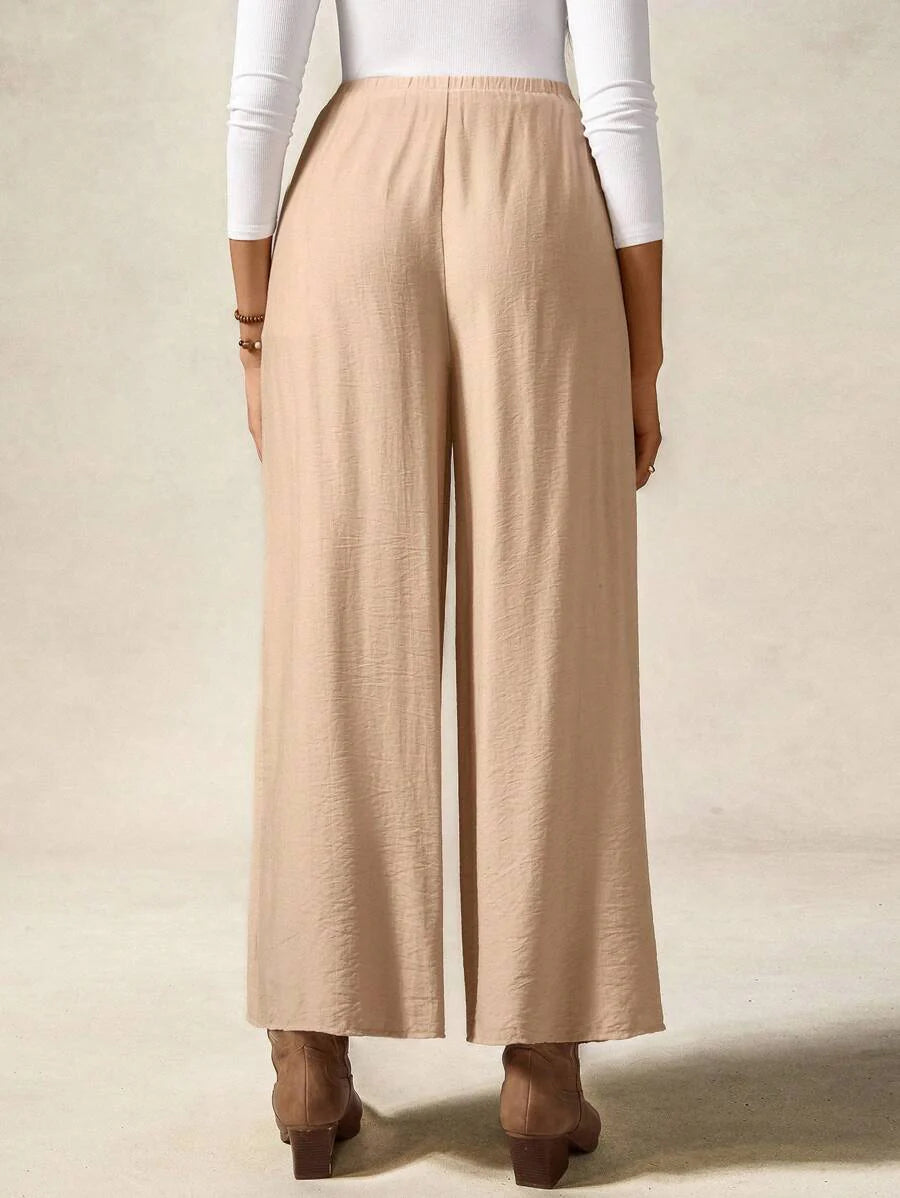 Maternity Wide Leg Casual Pants in Apricot - Loose Fit Straight Leg Elastic Waist Trousers with Knot Detail for Beach & Daily Wear