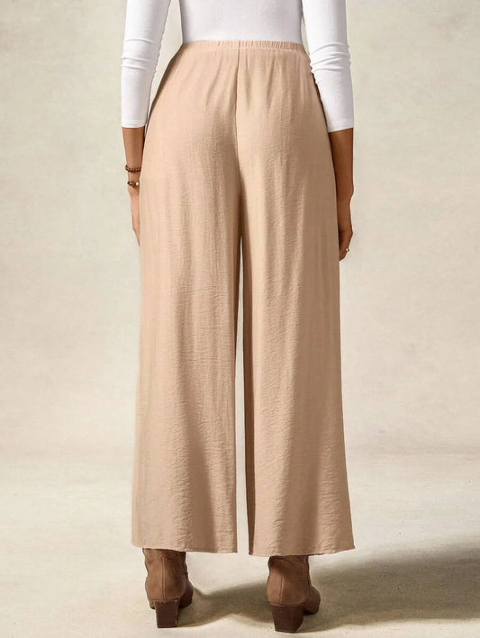 Maternity Wide Leg Casual Pants in Apricot - Loose Fit Straight Leg Elastic Waist Trousers with Knot Detail for Beach & Daily Wear