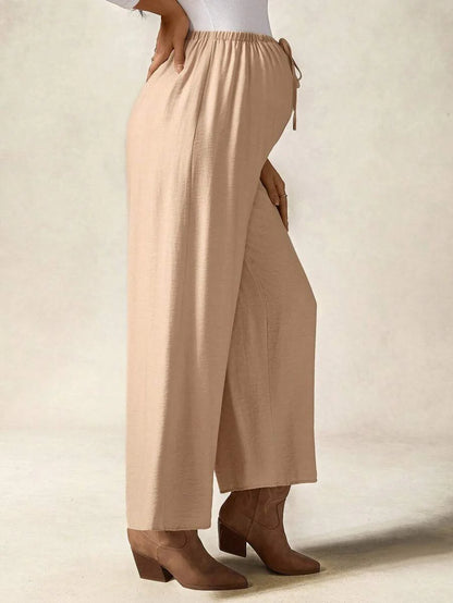 Maternity Wide Leg Casual Pants in Apricot - Loose Fit Straight Leg Elastic Waist Trousers with Knot Detail for Beach & Daily Wear