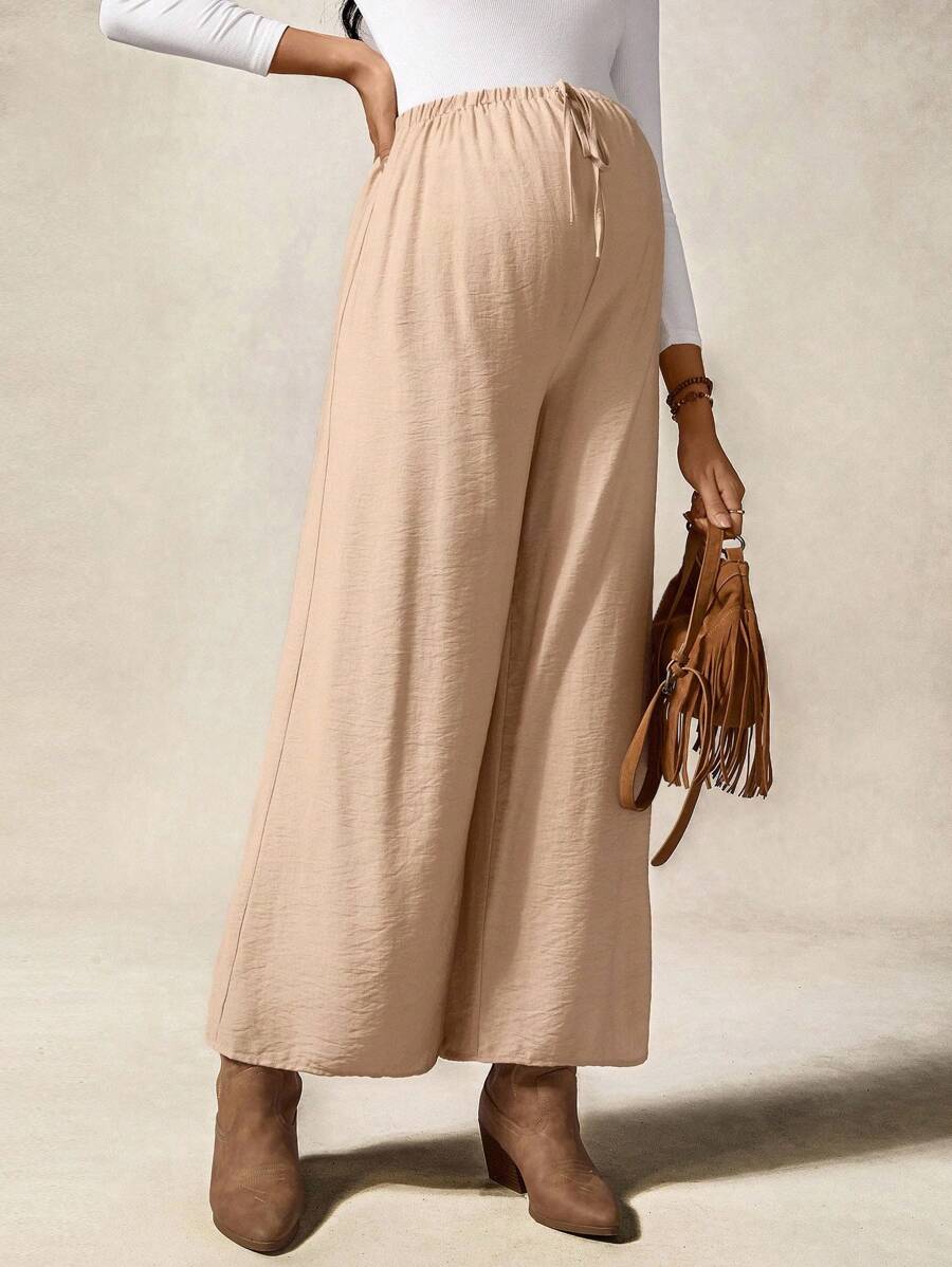 Maternity Wide Leg Casual Pants in Apricot - Loose Fit Straight Leg Elastic Waist Trousers with Knot Detail for Beach & Daily Wear