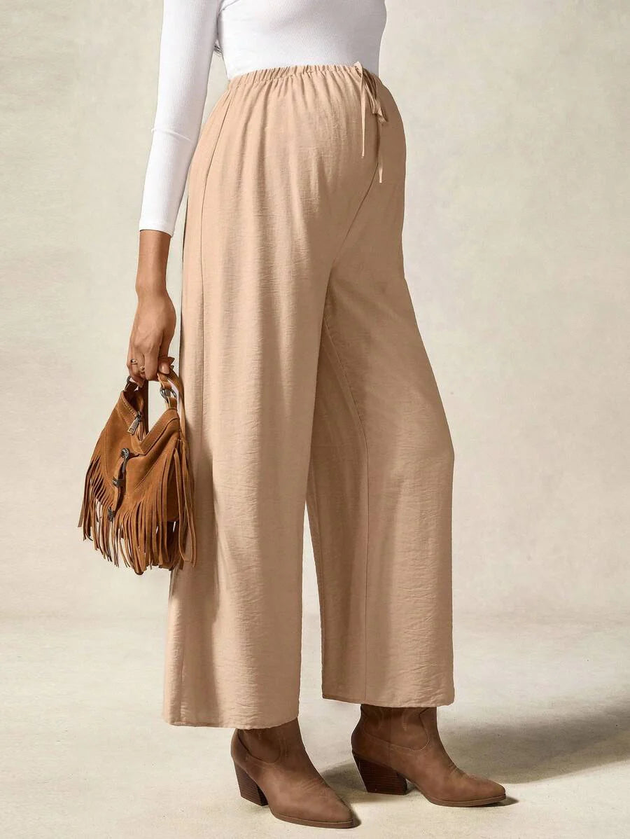Maternity Wide Leg Casual Pants in Apricot - Loose Fit Straight Leg Elastic Waist Trousers with Knot Detail for Beach & Daily Wear