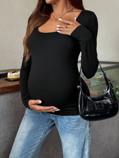 Maternity White Scoop Neck Long Sleeve Fitted T-Shirt - Slim Fit Knitted Pregnancy Top for Casual Daily Wear