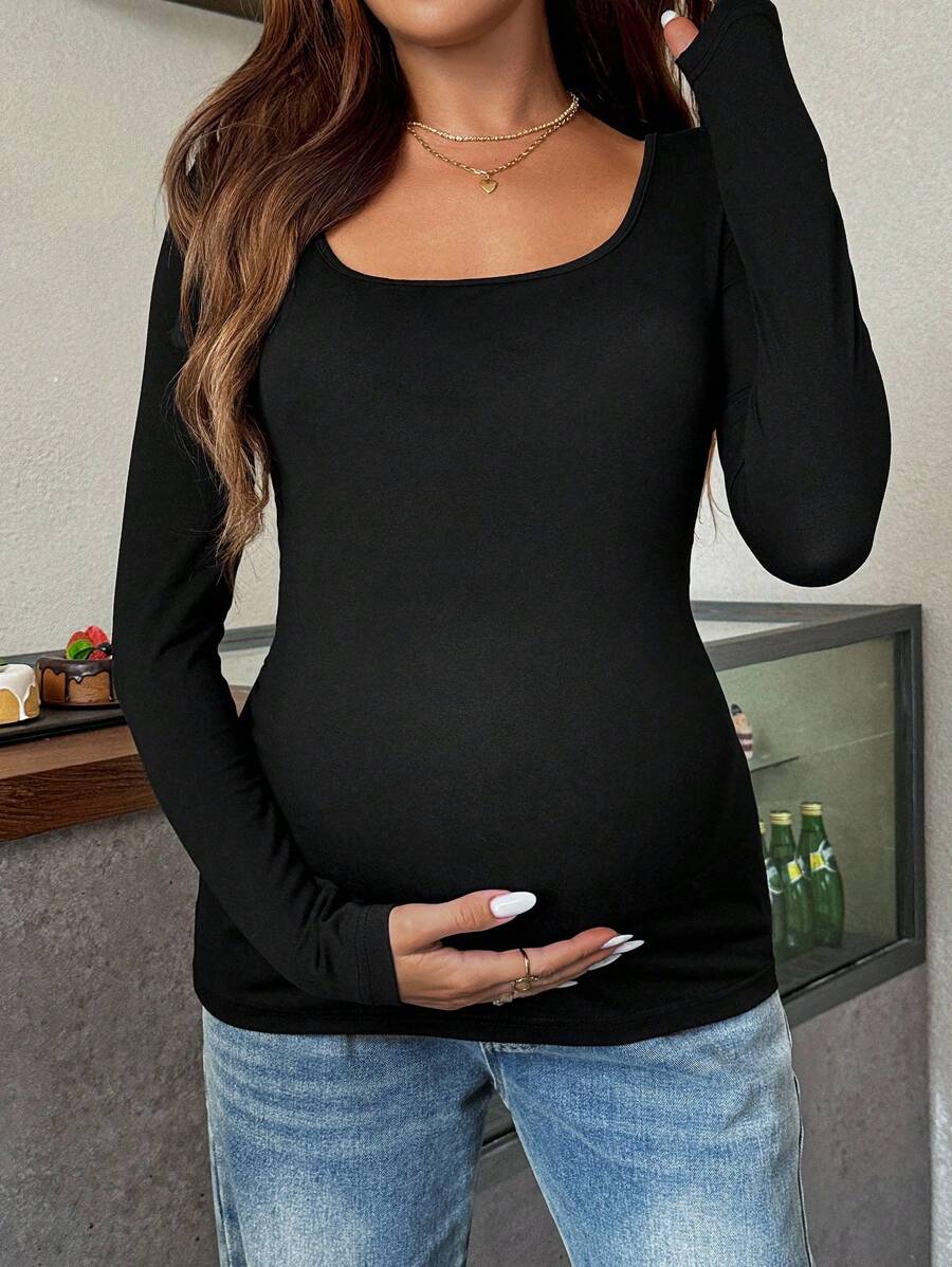 Maternity White Scoop Neck Long Sleeve Fitted T-Shirt - Slim Fit Knitted Pregnancy Top for Casual Daily Wear