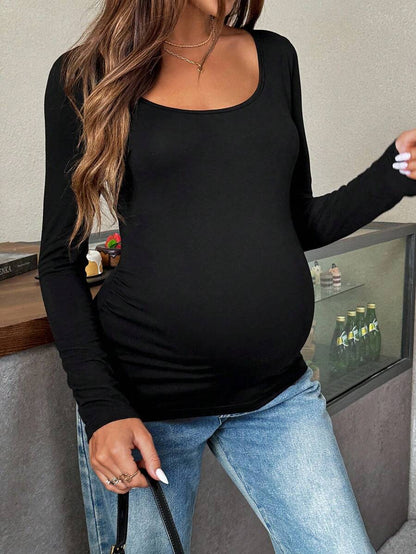 Maternity White Scoop Neck Long Sleeve Fitted T-Shirt - Slim Fit Knitted Pregnancy Top for Casual Daily Wear