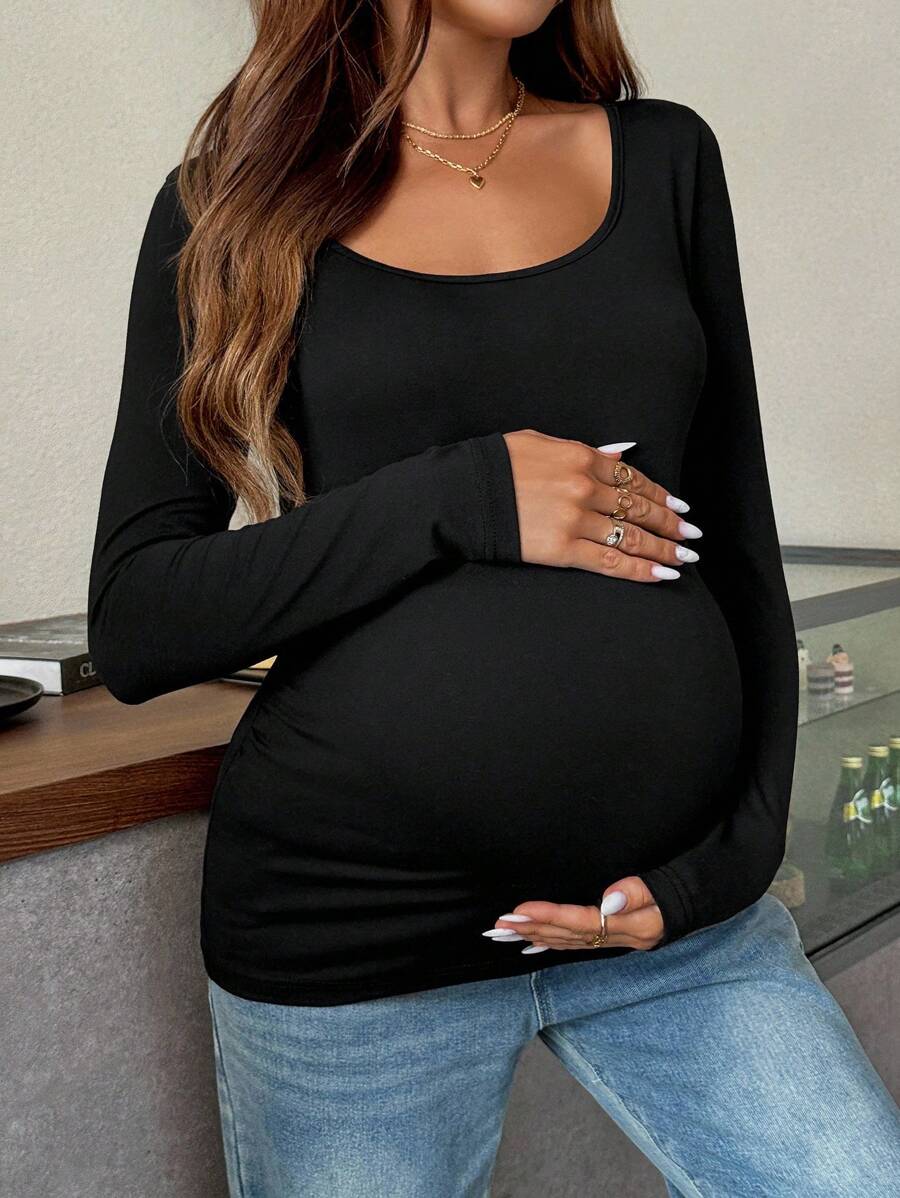 Maternity White Scoop Neck Long Sleeve Fitted T-Shirt - Slim Fit Knitted Pregnancy Top for Casual Daily Wear