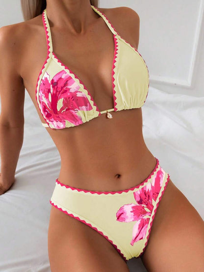 Women's 2-Piece Floral Halter Bikini Set - Triangle Cup, Low Waist, Multicolor