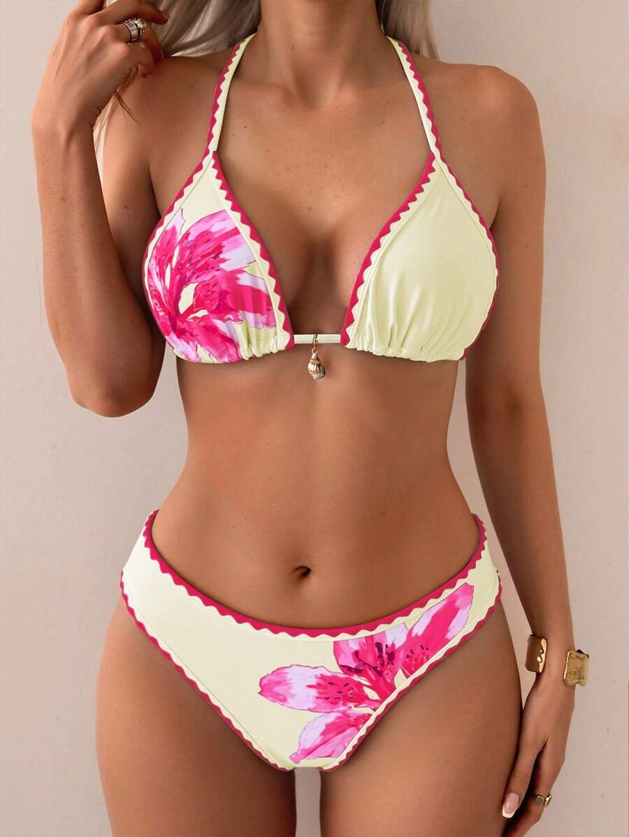 Women's 2-Piece Floral Halter Bikini Set - Triangle Cup, Low Waist, Multicolor