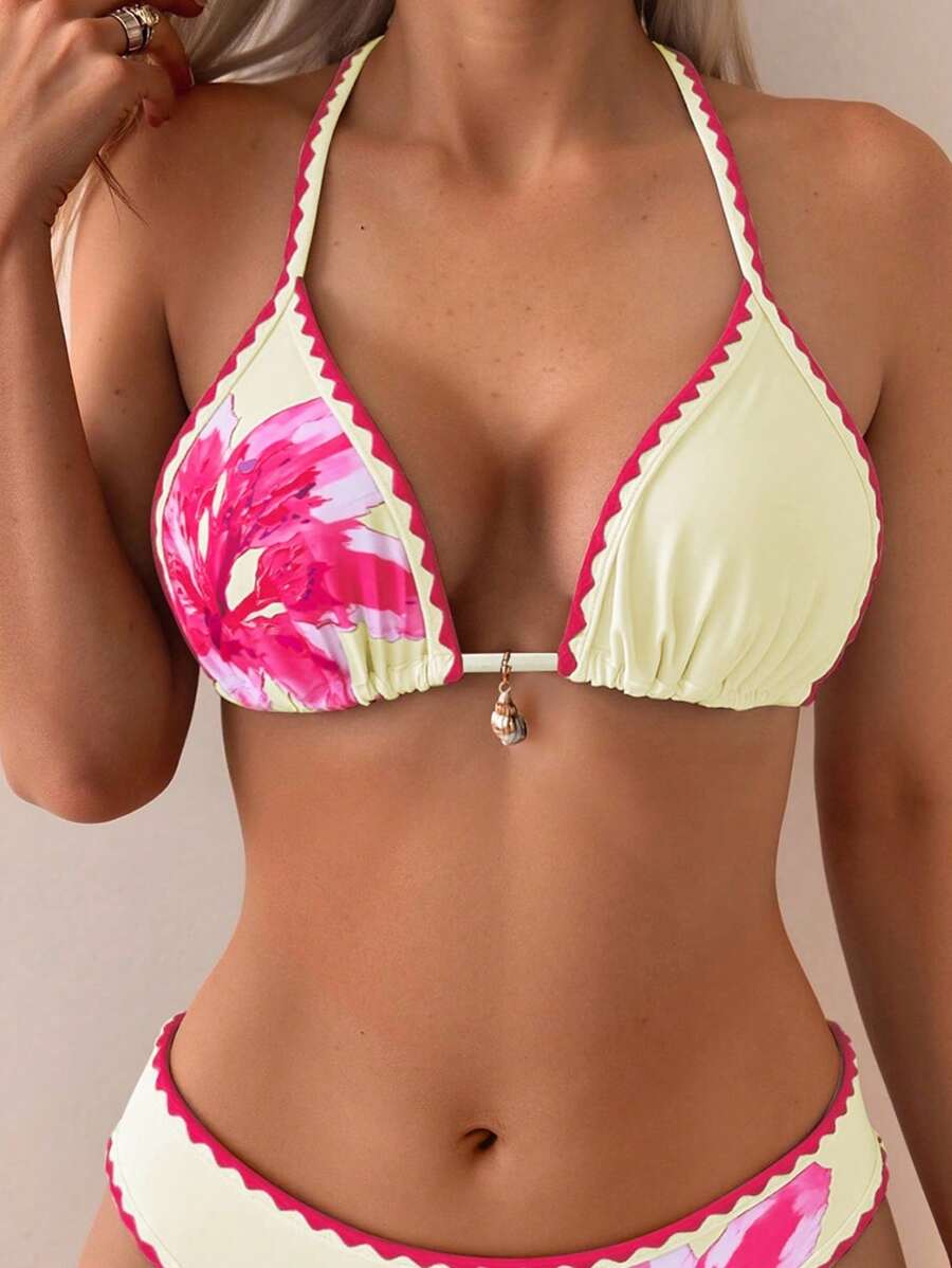 Women's 2-Piece Floral Halter Bikini Set - Triangle Cup, Low Waist, Multicolor