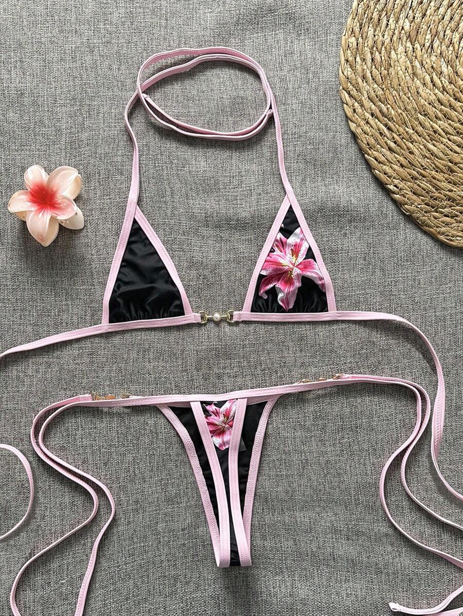 Swim Vcay Swim SXY 2pcs Women's New Floral Print Spaghetti Strap Backless Micro Triangle Top And Thong Sexy Bikini Set Set