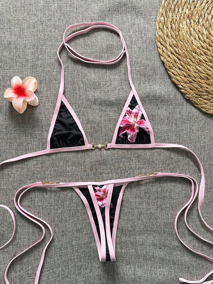 Swim Vcay Swim SXY 2pcs Women's New Floral Print Spaghetti Strap Backless Micro Triangle Top And Thong Sexy Bikini Set Set
