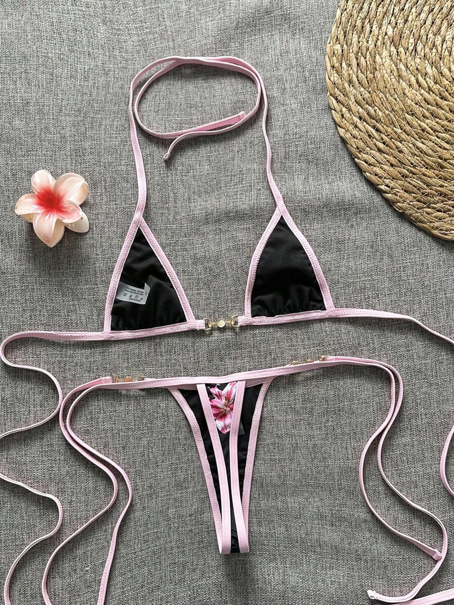 Swim Vcay Swim SXY 2pcs Women's New Floral Print Spaghetti Strap Backless Micro Triangle Top And Thong Sexy Bikini Set Set