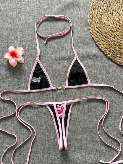 Swim Vcay Swim SXY 2pcs Women's New Floral Print Spaghetti Strap Backless Micro Triangle Top And Thong Sexy Bikini Set Set