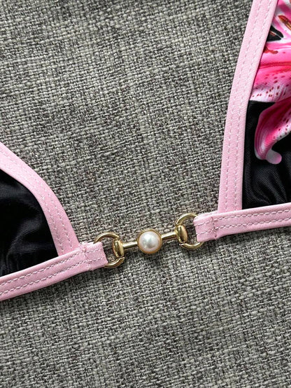Swim Vcay Swim SXY 2pcs Women's New Floral Print Spaghetti Strap Backless Micro Triangle Top And Thong Sexy Bikini Set Set