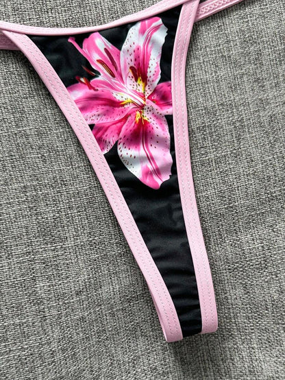Swim Vcay Swim SXY 2pcs Women's New Floral Print Spaghetti Strap Backless Micro Triangle Top And Thong Sexy Bikini Set Set