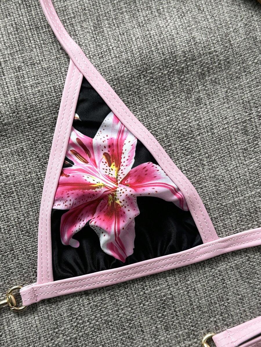 Swim Vcay Swim SXY 2pcs Women's New Floral Print Spaghetti Strap Backless Micro Triangle Top And Thong Sexy Bikini Set Set