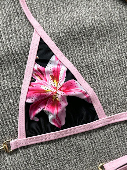 Swim Vcay Swim SXY 2pcs Women's New Floral Print Spaghetti Strap Backless Micro Triangle Top And Thong Sexy Bikini Set Set
