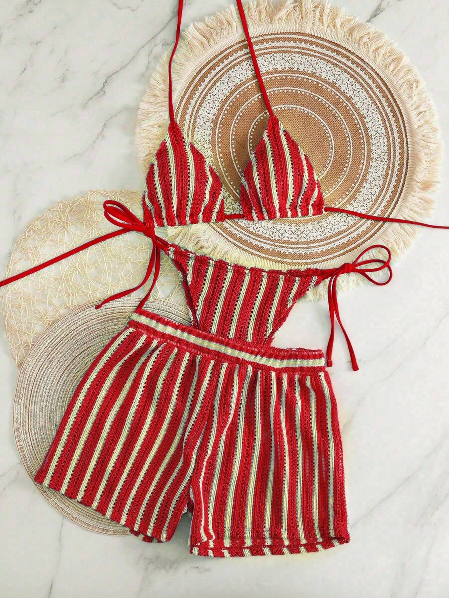 Women's 3-Piece Boho Crochet Bikini Set - Drawstring Cover-Up, Halter, Shorts, Royal Blue