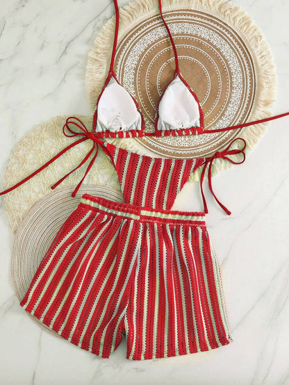 Women's 3-Piece Boho Crochet Bikini Set - Drawstring Cover-Up, Halter, Shorts, Royal Blue