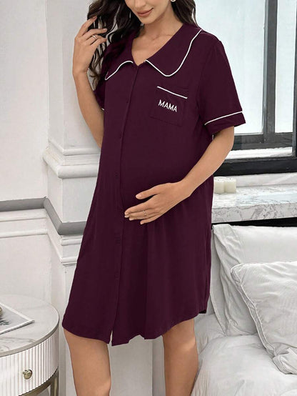Moonlight and Mama Dusty Pink Maternity Nightgown - Letter Embroidery Peter Pan Collar Sleep Dress - High Waist V Neck Half Sleeve Loungewear