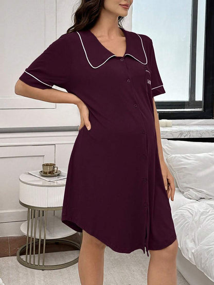 Moonlight and Mama Dusty Pink Maternity Nightgown - Letter Embroidery Peter Pan Collar Sleep Dress - High Waist V Neck Half Sleeve Loungewear