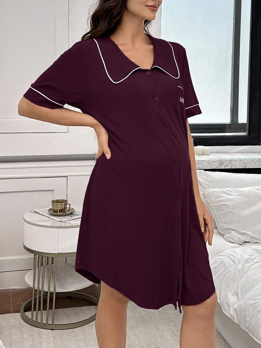 Maternity Peter Pan Collar Dress with Pocket - Black Color Block Half Sleeve Dress - Stylish High Waist Letter Embroidery Casual Maternity Wear