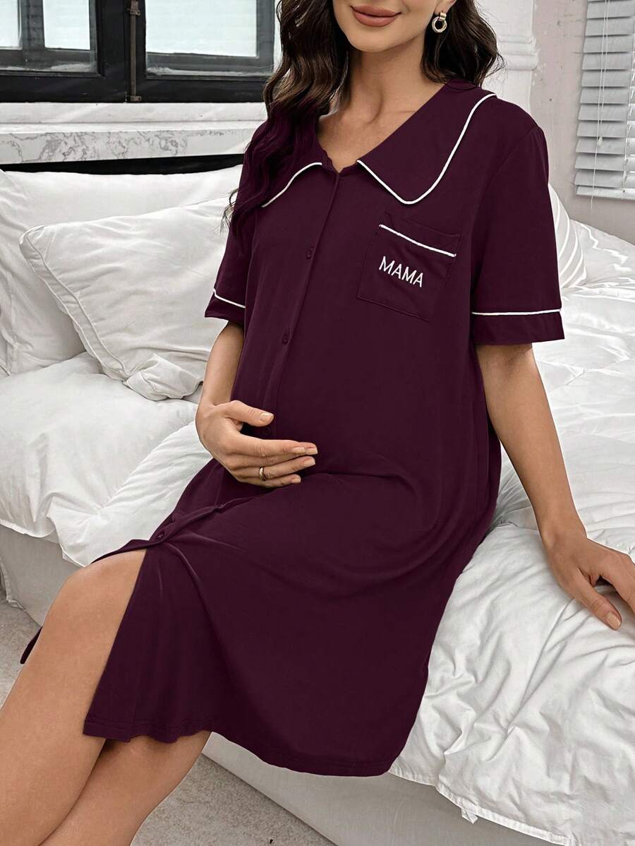 Maternity Peter Pan Collar Dress with Pocket - Black Color Block Half Sleeve Dress - Stylish High Waist Letter Embroidery Casual Maternity Wear
