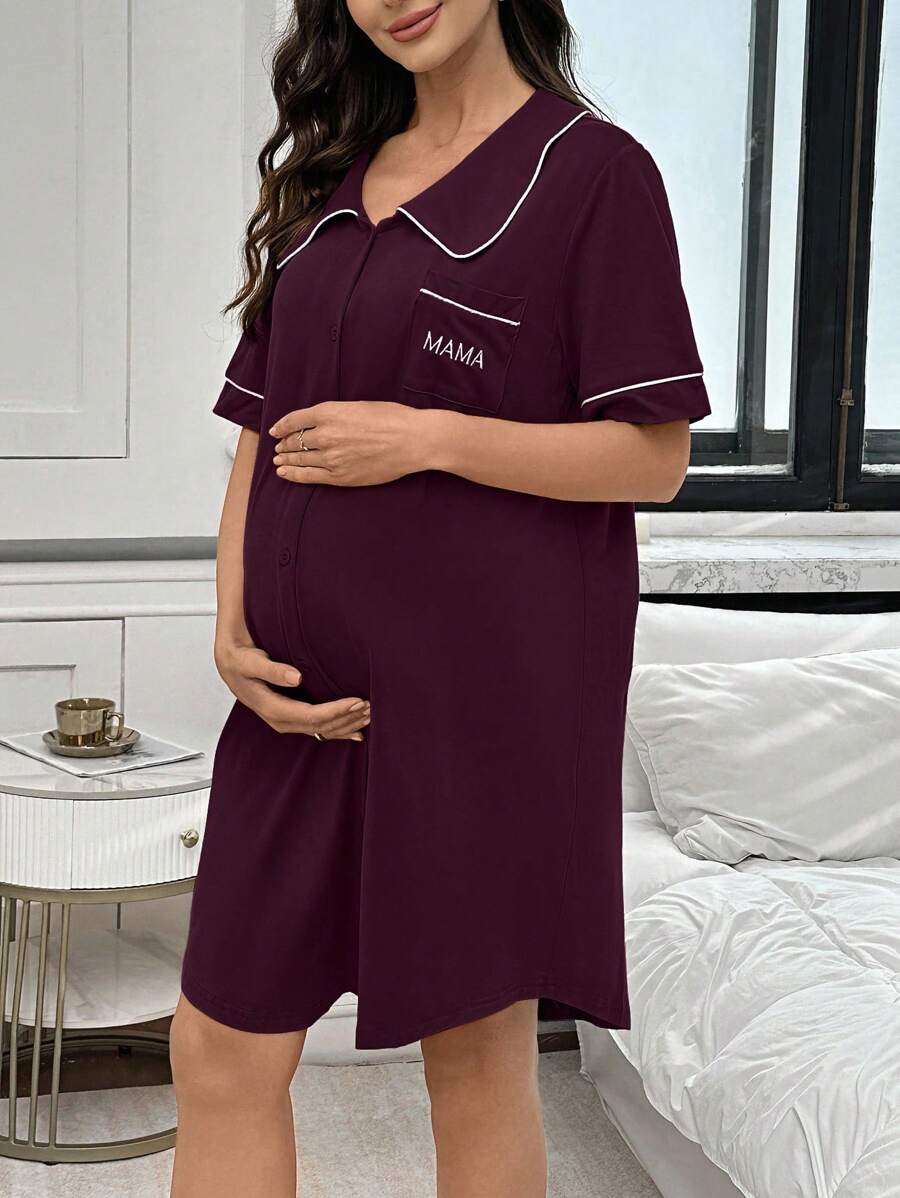 Maternity Peter Pan Collar Dress with Pocket - Black Color Block Half Sleeve Dress - Stylish High Waist Letter Embroidery Casual Maternity Wear