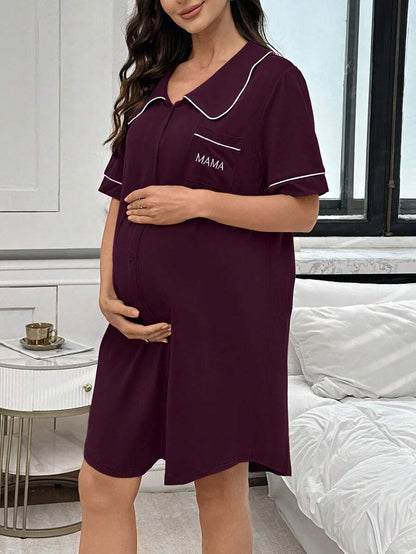 Maternity Peter Pan Collar Dress with Pocket - Black Color Block Half Sleeve Dress - Stylish High Waist Letter Embroidery Casual Maternity Wear