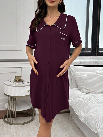 Maternity Peter Pan Collar Dress with Pocket - Black Color Block Half Sleeve Dress - Stylish High Waist Letter Embroidery Casual Maternity Wear